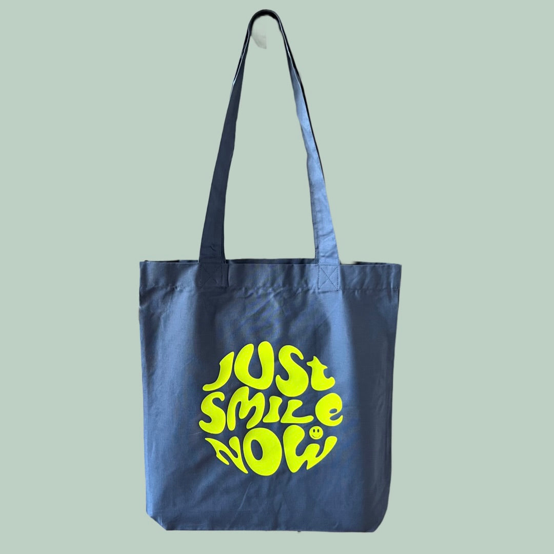 Statement Shopper Tasche "just smile now" light denim neongelb